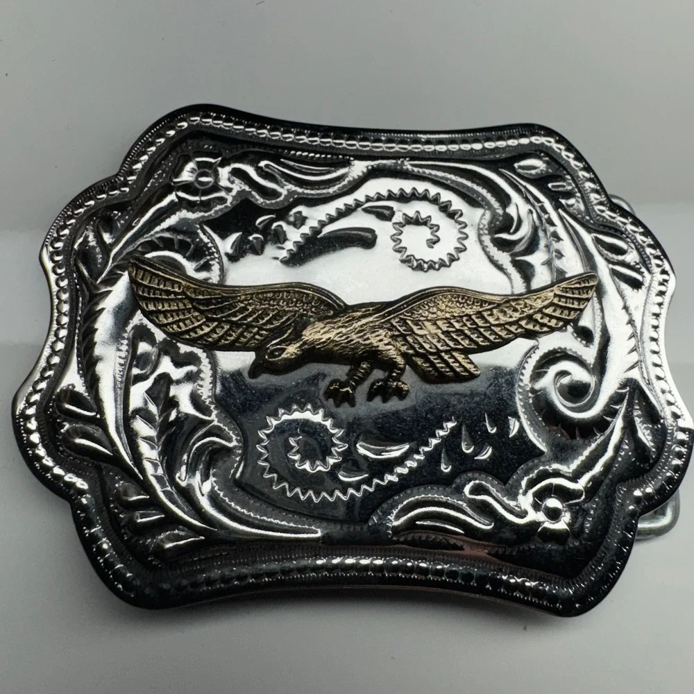 Western Eagle Belt Buckle Silver Tone Gold Tone‎ Ornate Floral Design Cowboy